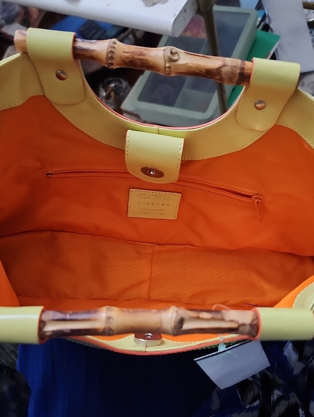 Claudia Firenze Yellow Bamboo-Handle Shoulder Bag Made In Italy Leather Euc - Picture 7 of 10